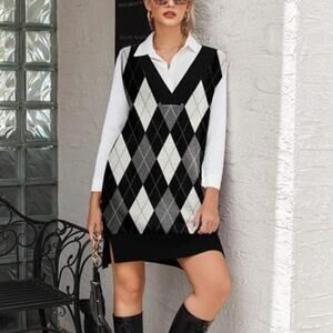 Women's Black Diamond Sweater Vest Dress Oversized Sleeveless Pullover V Neck